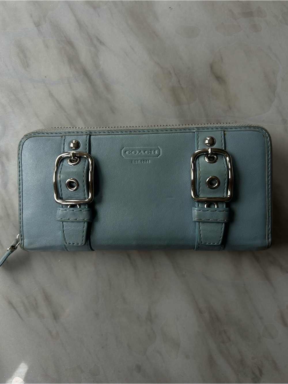 Coach Powder Blue Leather Zip Wallet with Buckle Accents